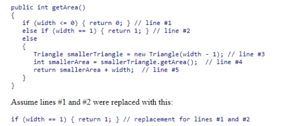 Consider the getArea method from the book shown below. What will happen when this code is executed? A.Nothing - the method would still be correct. B.We would lose our only recursive case. C.A positive width would reduce the correct area by 1. D.A negative or zero width would cause problems.