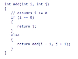 Consider the following code snippet for recursive addition: Identify the terminating condition in this recursive method. A.there is no terminating condition B.i == 0 C.return j D.return add(i - 1, j + 1)
