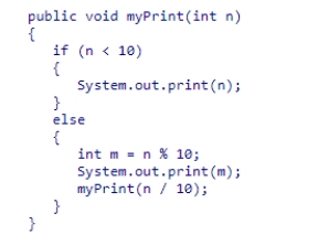 Consider the recursive method myPrint: What is printed for the call myPrint(8)? A.4 B.21 C.10 D.8