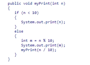 Consider the recursive method myPrint in this code snippet: What is printed for the call myPrint(821)? A.821 B.12 C.10 D.128