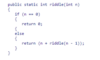 Consider the code for the recursive method riddle shown in this code snippet: To avoid infinite recursion, which of the following lines of code should replace the current terminating case? A.if (n <= 0) B.if (n == -1) C.if (n >= 0) D.The terminating case as shown will avoid infinite recursion.