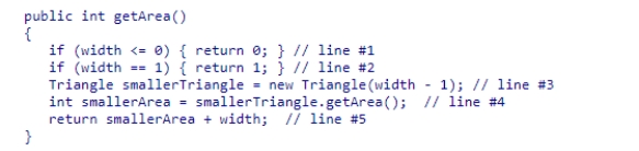 Consider the getArea method from the textbook shown below: If line #1 was eliminated from the method, what would be the result when calling getArea? A.A positive width would reduce the correct area by 1. B.We would lose our only recursive case. C.Nothing - the method would still work correctly. D.A negative or zero width would cause problems.