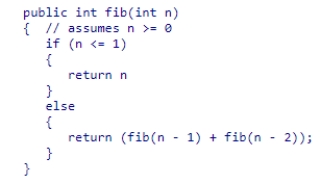 How many recursive calls to the fib method shown below would be made from an original call to fib(4)? (Do not count the original call) A.8 B.4 C.1 D.2