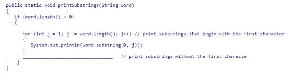 The method below generates all nonempty substrings of a word passed as argument.Assuming that the string contains no duplicate characters, select the statement to complete the method so that it prints all nonempty substrings correctly. A.printSubstrings(word.substring(0)); B.printSubstrings(word.substring(1)); C.printSubstrings(word.substring(word.length())); D.printSubstrings(word.substring(word.length() - 1));