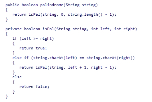 A palindrome is a word or phrase spelled which reads the same forward or backward.Consider the following code snippet: What does the method palindrome return? A.false B.a palindrome not found exception C.the Boolean value returned from the isPal method D.true
