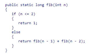 Consider the fib method from the textbook shown below. Calling fib(3) will trigger ___ recursive call(s) and execute the terminating condition ___ time(s), respectively. A.1, 1 B.1, 2 C.2, 2 D.2, 1