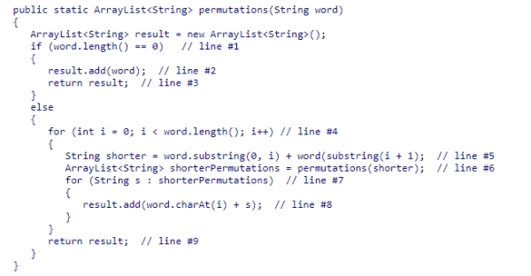 Consider the permutations method from the textbook, which is intended to return all permutations of the word passed in as a parameter.Which line contains the recursive call in the permutations method?