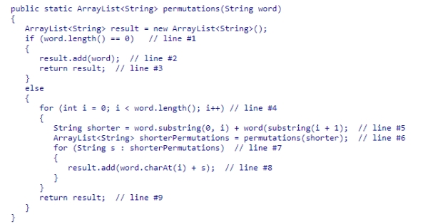 Consider the permutations method from the textbook, which is intended to return all permutations of the word passed in as a parameter. If line #8 is changed to add the removed character to the end of each permutation of the shorter word, which change best describes the returned list? result.add(s + word.charAt(i)); // line #8 revised