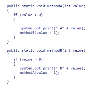 Consider the mutually recursive methods below.Select the method call that could be used to generate the output sequence: A5 B4 A3 B2 A1