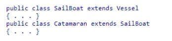 Consider the following code snippet: Which of the following statements is NOT correct? A.SailBoat inherits from Vessel. B.Catamaran inherits from Vessel. C.Catamaran inherits from Sailboat. D.Catamaran depends on SailBoat.
