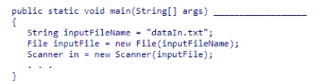 Insert the missing code in the following code fragment.This fragment is intended to read an input file named dataIn.txt. A.finally FileNotFoundException B.throws FileNotFoundException C.extends FileNotFoundException D.catches FileNotFoundException