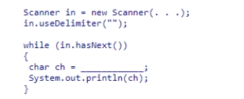 Insert the missing code in the following code fragment.This fragment is intended to read characters from a text file. A.in.getNext() B.in.next().charAt(0) C.in.next() D.in.nextChar()