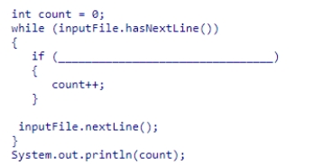 Assume inputFile is a Scanner object used to read data from a text file that contains a number of lines.Some lines contain an alphabetic string, while others contain a single integer value.Select an expression to complete the following code segment, which counts the number of integer values in the input file. A.inputFile.hasNext() B.inputFile.hasNextInt() C.Character.isDigit(inputFile.next()) D.inputFile.nextInt()