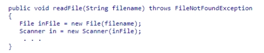 Consider the following code snippet: If the file cannot be located, which of the following statements about this code is correct?