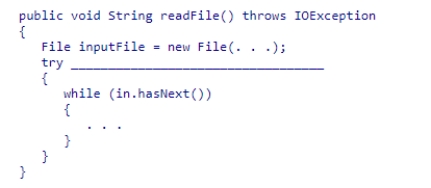 Insert the missing code in the following code fragment.This code is intended to open a file and handle the situation where the file cannot be found.