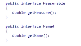 Using the following definitions of the Measurable and Named interfaces. Assume BankAccount provides the code for the getMeasure() and getName() methods.Which of the following could correctly represent the class header for BankAccount? A.public class BankAccount extends Measurable implements Named B.public class BankAccount implements Measurable, Named C.public interface BankAccount implements Measurable, Named D.public class BankAccount extends Measurable, Named