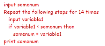 <strong>What is the purpose of the following algorithm? </strong> A)To search for a particular number among 15 numbers. B)To find the largest among 15 numbers. C)To print out the 15 numbers. D)To find the smallest among 15 numbers.