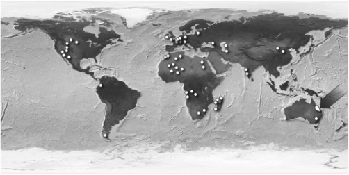 <strong>In the figure below,the region at the lower right indicated by the arrow is the only modern-day location of the freshwater lungfish.Fossils of the ancestors of the lungfish,however,have been found all over the world (dots throughout the map).What does the distribution of these fossils indicate? </strong> A) When Pangaea separated to form smaller continents,the living ancestors of the lungfish were separated.When they died,some of them formed fossils in their new lands. B) The same species of lungfish evolved on all of Earth's major landmasses after continental drift had stopped. C) The ancestors of the lungfish existed on Pangaea.After they died,some were fossilized.Their fossils were separated by continental drift. D) Lungfish were much more successful in the climates of North America than they were in the climates of South America.