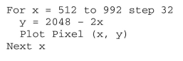 Assume that the box below represents a computer screen. Use it to complete Questions 16-18. Assume that the following code is applied to a computer monitor with resolution 1280 by 1024. Describe the output.