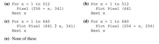 Assume that the box below represents a computer screen. Use it to complete Questions 16-18. Suppose that the screen has a resolution of 1280 by 1024. Which loop would produce the output shown? Assume that we are working with a 24-bit true color scheme, in which each pixel is assigned An RGB color with values for red, green, and blue, that each range from 0 to 255. The Command for a solid blue pixel would be RGBColor = 0, 0, 255 And full concentration of blue).