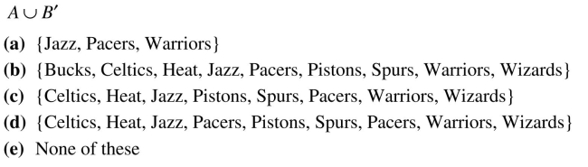 Let U = {Bucks, Bulls, Celtics, Heat, Hornets, Jazz, Pistons, Spurs, Pacers, Warriors, Wizards} A = {Celtics, Heat, Jazz, Pacers, Warriors, Wizards} B = {Bucks, Bulls, Celtics, Heat, Hornets, Wizards} Find the following: