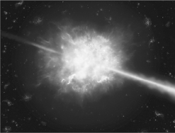 <strong>A gamma-ray burst (GRB), such as the one in the figure below, may be responsible for some of Earth's mass extinctions.GRBs are hard to study because they  </strong> A) can only happen in distant galaxies. B) are rare, of short duration, and very narrow. C) emit very few gamma rays. D) only generate gravitational waves. E) are long-lived but rotating. <div style=padding-top: 35px> 