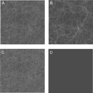 <strong>The figure below shows snapshots taken from the Bolshoi simulation of the formation of the large-scale structure in the universe.Which one of these images shows the current structure of the universe? </strong> A) A B) B C) C D) D E) All of these occur at the same redshift, just in different regions of the universe.