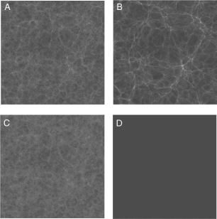 <strong>The figure below shows snapshots taken from the Bolshoi simulation of the formation of the large-scale structure in the universe.Which one of these images represents the state of the universe at the highest redshift? </strong> A) A B) B C) C D) D E) All of these occur at the same redshift, just in different regions of the universe.