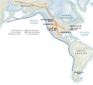 <strong> Based on this map, scholarly theories reveal that the first inhabitants of the Americas arrived by .</strong> A) crossing a land bridge from Asia or traveling by boat B) sailing westward from Europe and Africa across the Atlantic Ocean C) migrating north from the southernmost points of South America D) journeying by boat from Greenland to the eastern coast of North America