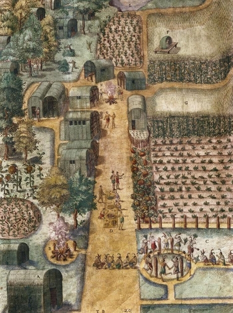 <strong> Based on this engraving of the village of Secoton, how did the Eastern Woodland Indians differ from Mesoamerican Indians?</strong> A) Their social structure was rigidly hierarchical. B) They constructed large homes of adobe and stone. C) Their food source was limited to hunting large game and gathering wild plants. D) Their outlook was more communal than individualistic.