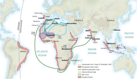 <strong> According to the map, how did Portugal establish more direct trading networks with Asia?</strong> A) by sailing around Africa B) through existing Mediterranean sea routes C) along overland routes across the Middle East D) by sailing west across the Atlantic Ocean