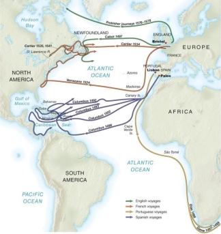 <strong> This map shows that in the exploration of the Atlantic world .</strong> A) European nations each took different routes B) the Caribbean Sea was in the control of the French C) Europeans lost interest in exploration after the beginning of the sixteenth century D) The English and French collaborated in exploring North America