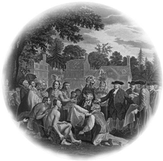 <strong> What conclusion about the settlement of Pennsylvania can be reached from this engraving made almost a century after William Penn negotiated the original treaty with local Indians?</strong> A) The Quakers wore clothing that was in style 100 years later. B) The Quakers and Indians began to prepare for warfare against each other. C) The Quaker colony faced a difficult time due to the lack of lumber and other resources. D) Quaker leaders believed that community-owned property increased voter turnout.