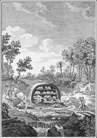 <strong> How does this image of Indians hunting beaver in the woodlands of the Eastern United States embody the theory of mercantilism?</strong> A) Colonists strengthened their own economies by producing their own hats. B) Beaver pelts were traded within the colonies for agricultural products. C) Beaver pelts trapped by Indians were exported to England for the production of hats. D) Hunting and trapping of beavers made it an endangered species in North America.