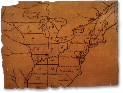 <strong> How does Thomas Jefferson's map for the settlement of the west reflect Enlightenment thinking?</strong> A) The territories are named for the heroes of the American Revolution. B) The territories are arranged in a grid. C) Natural features are disregarded in the borders of the territories. D) The territories are much larger than the first thirteen states.