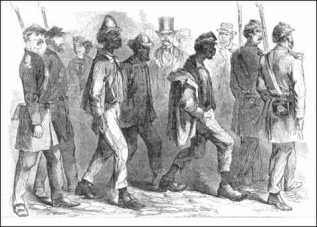 <strong> What does this image of freedmen being forcibly returned to their plantations if they ran away or resisted working there reveal about the Louisiana test case of emancipation?</strong> A) Freedmen received no wages for their work on Louisiana plantations. B) Former slaves gained some autonomy through this test case of emancipation. C) This system of emancipation was much harsher than the Sea Islands and Davis Bend systems. D) Ex-slaves still favored this test case because it banned corporal punishment for doing labor.