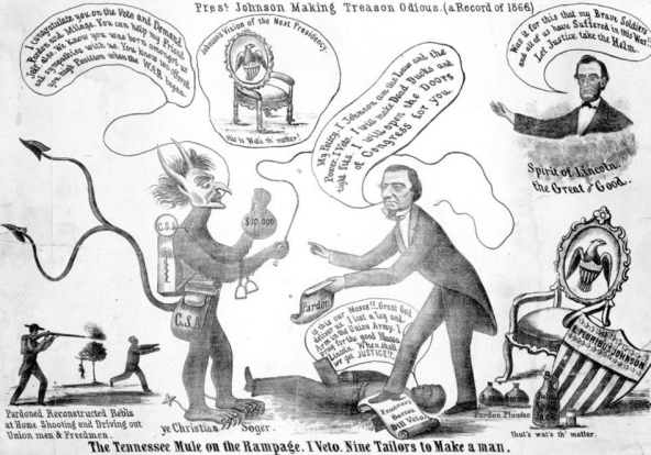 <strong> What was the illustrator's motivation for publishing this political cartoon, which addressed President Andrew Johnson's Reconstruction policy?</strong> A) He was praising Johnson for quickly readmitting the reconstructed Southern states. B) He was sympathizing with Johnson for having to deal with the Radical Republicans. C) He was condemning Johnson for his lenient position on pardoning former Confederates. D) He was admiring Johnson for carrying on Abraham Lincoln's Reconstruction policy.
