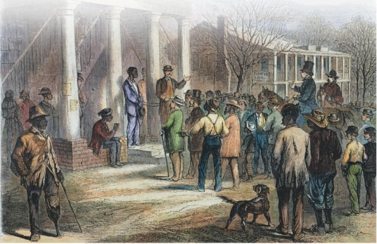 <strong> The drawing The Black Codes in Action depicts the practice of .</strong> A) allowing freedmen to rent land only in rural areas B) terrorizing and lynching African American men by white supremacists C) reestablishing the gang labor system through mass convictions of vagrancy D) auctioning off the service of black men who were convicted of vagrancy