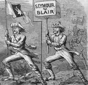 <strong> What do the political cartoon Tis But A Change of Banners and the song sheet The White Man's Banner imply about the political tactics that Democratic presidential nominee Horatio Seymour used in the 1868 presidential election?</strong> A) Seymour suggested that the rights of African Americans were in danger unless the Democrats won. B) Seymour supported the integration of blacks and whites in all parts of the nation. C) Seymour used racist messages to show how black suffrage threatened white Americans. D) Seymour supported an expansion of voting rights for larger numbers of African Americans.