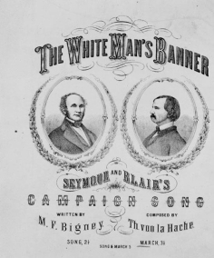 <strong> What do the political cartoon Tis But A Change of Banners and the song sheet The White Man's Banner imply about the political tactics that Democratic presidential nominee Horatio Seymour used in the 1868 presidential election?</strong> A) Seymour suggested that the rights of African Americans were in danger unless the Democrats won. B) Seymour supported the integration of blacks and whites in all parts of the nation. C) Seymour used racist messages to show how black suffrage threatened white Americans. D) Seymour supported an expansion of voting rights for larger numbers of African Americans.