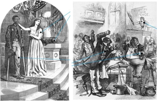 <strong> What do Harper's Weekly cartoonist Thomas Nast's 1865 cartoon And Not This Man? and his 1874 cartoon Colored Rule in a Reconstructed (?) State reveal about his attitudes toward Reconstruction during the span of its existence?</strong> A) Nast's images changed from portraying blacks as racist caricatures to noble individuals during the Reconstruction era. B) Nast's initial racist attitudes toward blacks were altered as he saw them become agents of their own liberty during Reconstruction. C) Nast's impression of this time period transformed from a progressive view to a reactionary one as he grew disillusioned with Reconstruction's failures. D) Nast was a strong supporter of black suffrage and believed that African Americans in the South had earned the right to govern themselves after the end of Reconstruction.