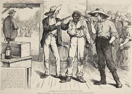 <strong> The 1876 image Of Course He Wants to Vote the Democratic Ticket shows that the ruthless character of the white supremacy movement, which was typical of the Mississippi Plan used to intimidate black voters, was the result of the .</strong> A) expiration of the Freedmen's Bureau B) lack of concern from Republican governors in Southern states C) Fifteenth Amendment D) reduction of federal troops in the South