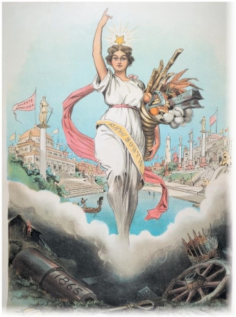 <strong> In this poster from the Atlanta Exposition of 1895, what do the items in Liberty's cornucopia represent?</strong> A) goods imported from Northern factories B) the bounties of slave labor and sharecropping C) the destruction and lingering controversies of the Civil War D) traditional Southern products like cotton and sugar and newer products like steel and iron