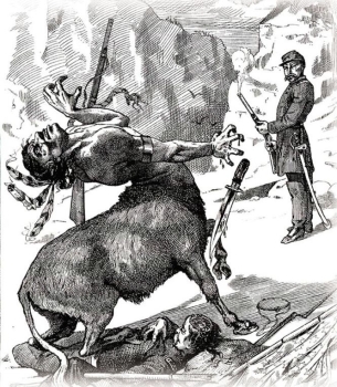 <strong> How did this cartoon, which was published in the New York Graphic shortly after Custer's defeat at the Battle of Little Big Horn in 1876, depict American Indians like Sitting Bull?</strong> A) as close allies of the federal military B) as wretched figures dispossessed of their lands C) as noble warriors who stood up to Custer's cavalry D) as subhuman savages to be disposed of