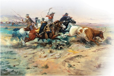 <strong> Charles Russell's painting The Herd Quitters could best be viewed as symbolizing what view of the West?</strong> A) a place of unity among peoples B) a place of heroism, daring, and manly individualism C) a land where humans lived in harmony with nature D) a land of lawlessness and brutality