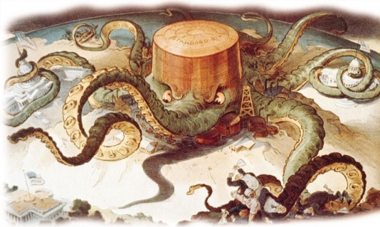 <strong> What did the illustrator of this cartoon imply by depicting Standard Oil as an octopus grabbing many different people and objects?</strong> A) Standard Oil's practice of vertical integration was an efficient way of eliminating competition. B) Standard Oil was trying to gain the same control of the presidency as it had done with Congress and the courts. C) John D. Rockefeller was a benevolent entrepreneur whose philanthropy helped the nation. D) Standard Oil was planning to invest in off-shore drilling.