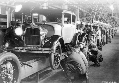 <strong> How does this photograph of a Ford assembly line reflect Henry Ford's statement that the men do their work and go home-a factory is not a drawing room?</strong> A) Ford established a rule prohibiting workers from talking to each other on the assembly line. B) Ford neglected his workers by not furnishing them with company-owned homes. C) Ford believed that employers did not have a right to interfere in their employees' private lives. D) Ford offered benefits only to certain men who met specific moral criteria.