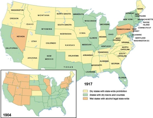 <strong> What factor contributed most to a shift from wet to dry states in the American West between 1904 and 1917?</strong> A) growing problems with alcohol abuse by American Indians B) women's acquisition of suffrage in the West before passage of the Nineteenth Amendment C) the rise in violent crime and prostitution in Western cities due to alcohol D) the increase in domestic violence resulting from the use of alcohol