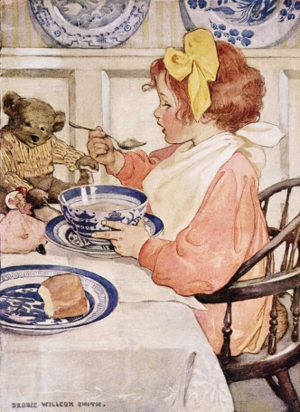 <strong> How does Jessie Willcox Smith's illustration from her 1909 book The Seven Ages of Childhood contradict what working-class children between the ages of 10 through 15 were experiencing in the early twentieth century?</strong> A) Health rates for young children were essentially better than what is illustrated in this image. B) Children like the five-year-old in the picture actually spent more time in school than at home. C) Children had healthier dietary habits that went beyond eating bowls of porridge. D) Over 1.75 million children were working in factories, home sweatshops, or farms at this time.