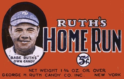 <strong> As exemplified by this candy wrapper, what did professional baseball player George Herman Babe Ruth pioneer as a way for sports and movie celebrities to become wealthy during the 1920s?</strong> A) giving frequent interviews on radio B) endorsing and marketing products that were popular with the public C) providing photos and memorabilia to celebrity fan magazines D) sponsoring nationally syndicated radio shows to boost sales for a company's products